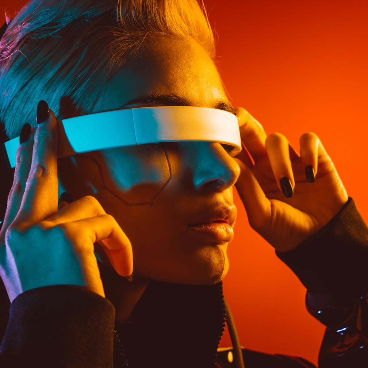 Futuristic listener in artificial studio light